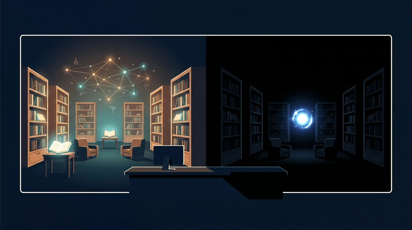 Two libraries side by side — one warmly lit and browsable with a glowing knowledge graph (an Obsidian-style second brain), the same library pitch-black with one glowing AI core (a headless AI memory), and a front desk bridging the two.